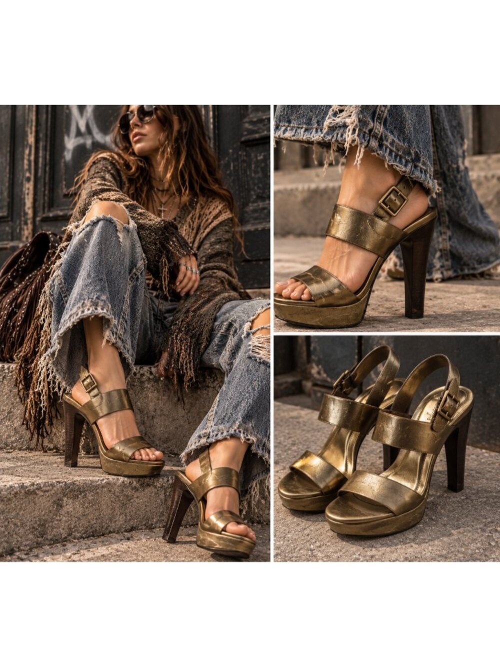Saint Laurent YSL Women's Metallic Bronze Leather Platform Heels EU 36/6
